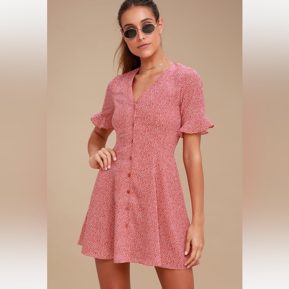 Lulu’s Castana Rust Red Print Button-Up Dress